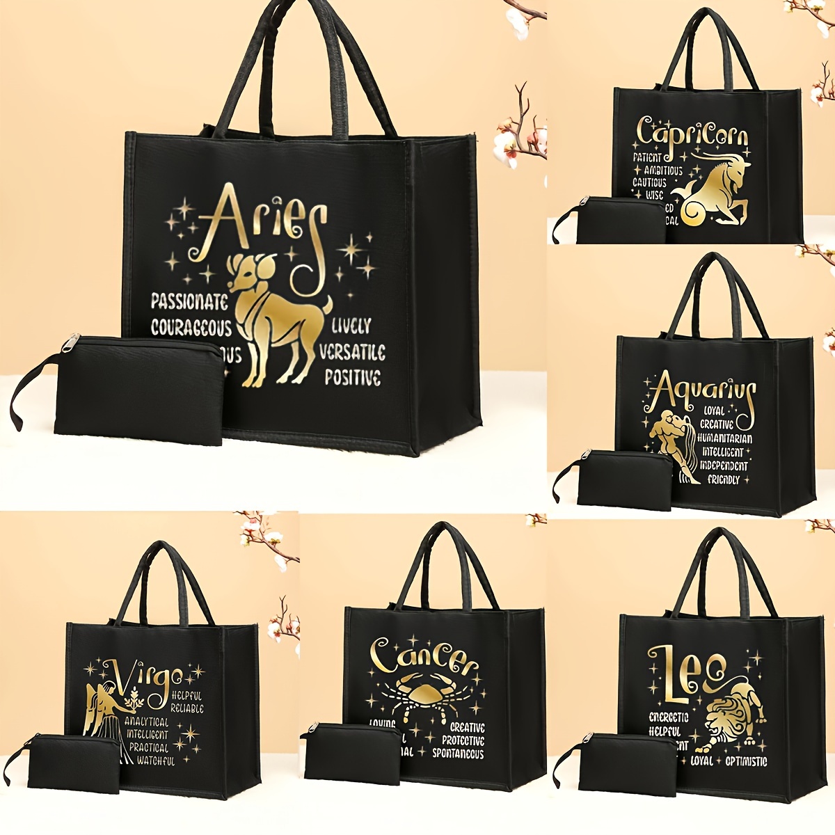 

2pc/set Twelve Zodiac Signs Pattern Tote Bag, Foldable Shopping Bag, Portable Gift Bag Travel Picnic Bag Large-capacity Handbag With Coin Purse