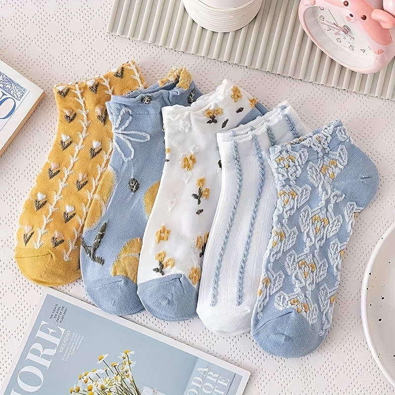 E-shop 5 Paar Damen Kurzsocken im Vintage-Stil mit kleinem Blumendruck, flacher Schnitt, dünner Stil für Frühling/Sommer, japanisch inspirierter