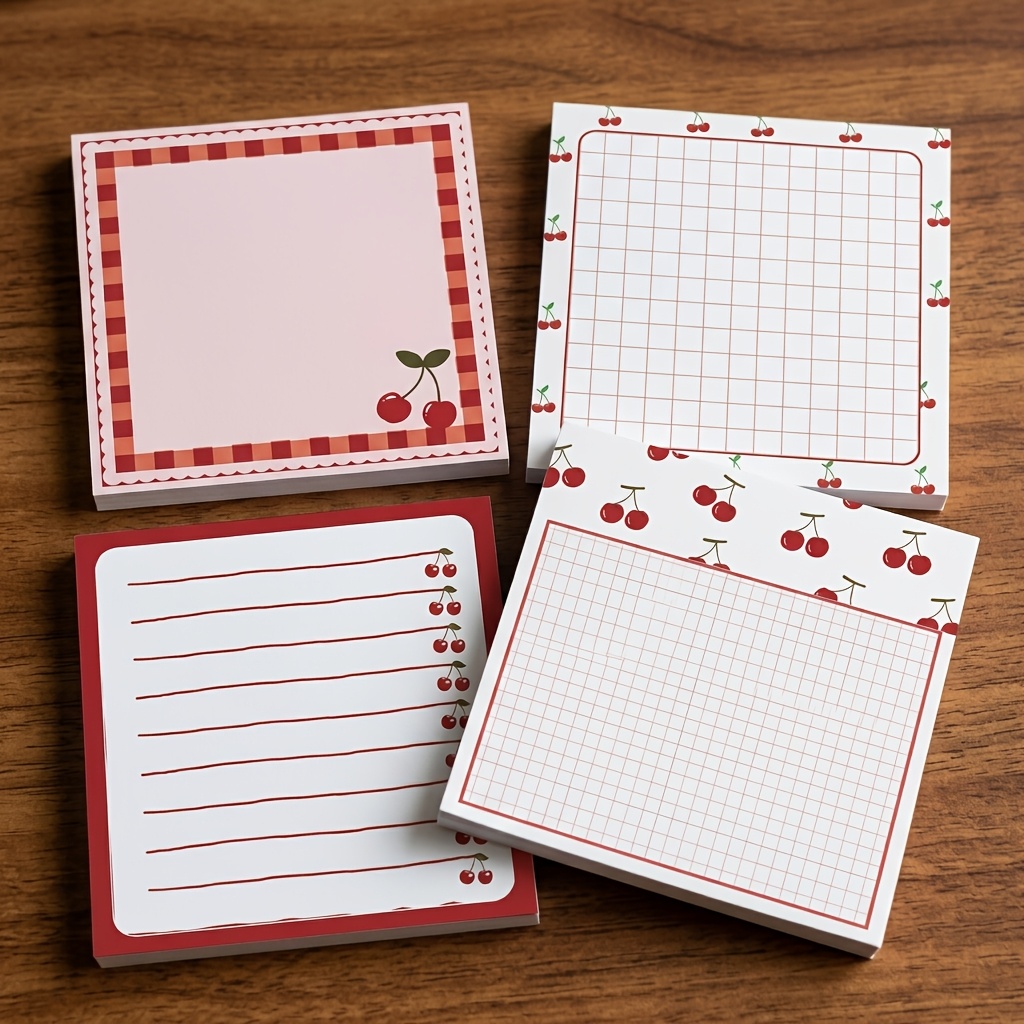 Image of 4pcs Cherry Sticky Notes 3x3 Inch 50 Sheets Cherry Note Pads Adhesive Cherry Memo Notes For School Office Home Supplies Students Teachers Gift