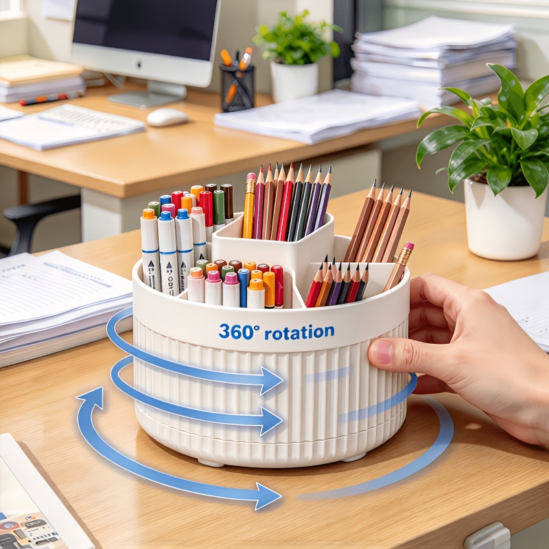 TEMU Zxf 360-degree Rotating Pen Holder, Desk And Drawer Organizer, Plastic Office Desktop Storage Box With 5 Compartments - Multi-functional Pencil,