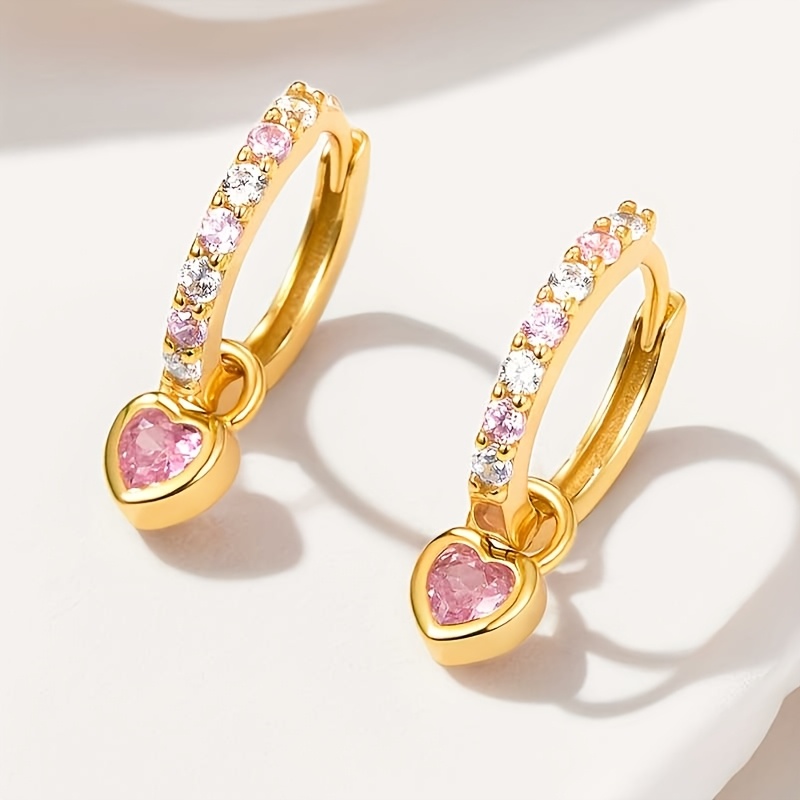 TEMU 2pcs Light Luxury Heart-shaped Synthetic Zirconia Ear Hooks, Exquisite Elegant Niche Design Copper Earrings, Suitable For Women' Commute,