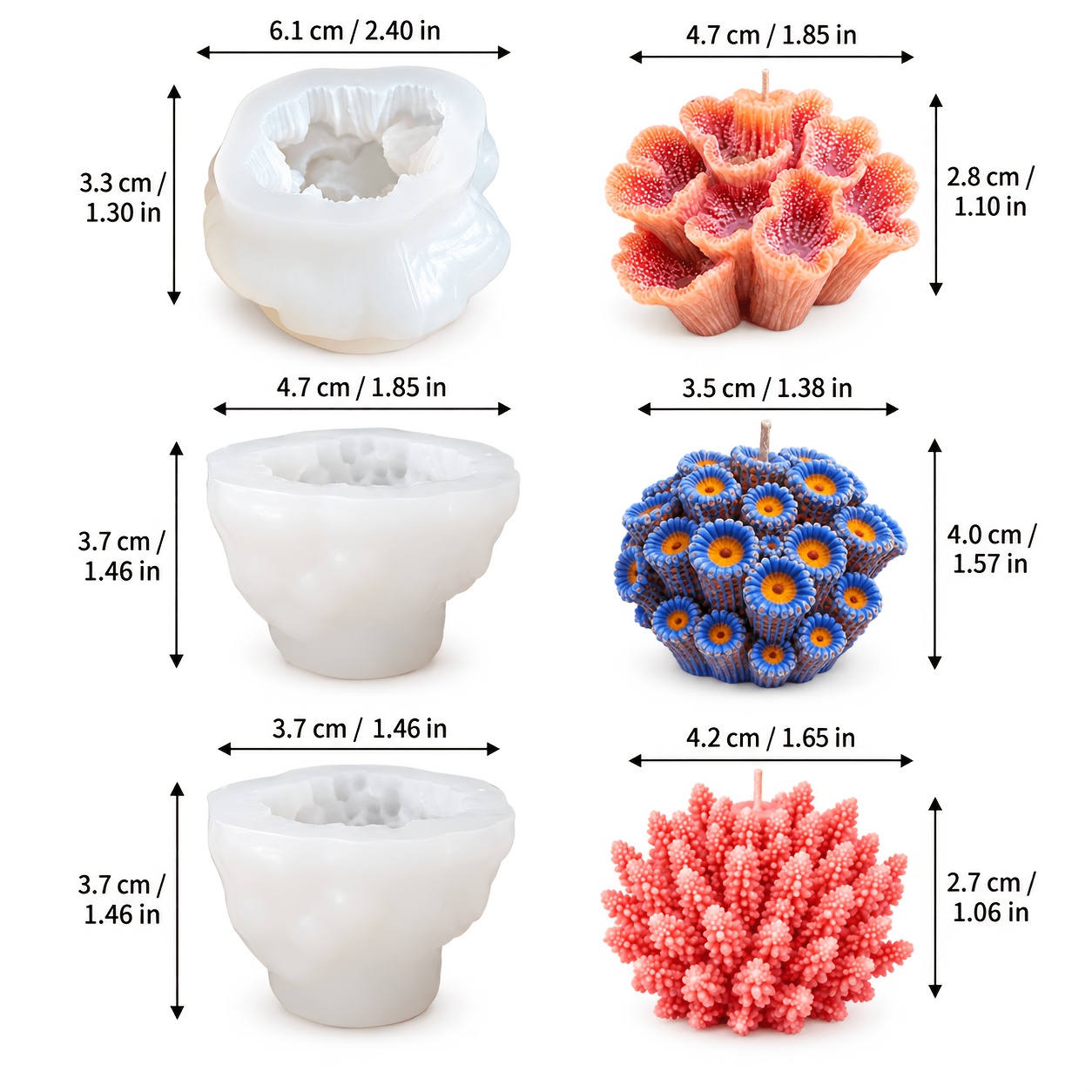 TEMU 3 piezas de moldes de silicona CIBATU 3D de coral y oceánico, adecuados para hacer velas, fundición de resina, cera, manualidades de yeso -