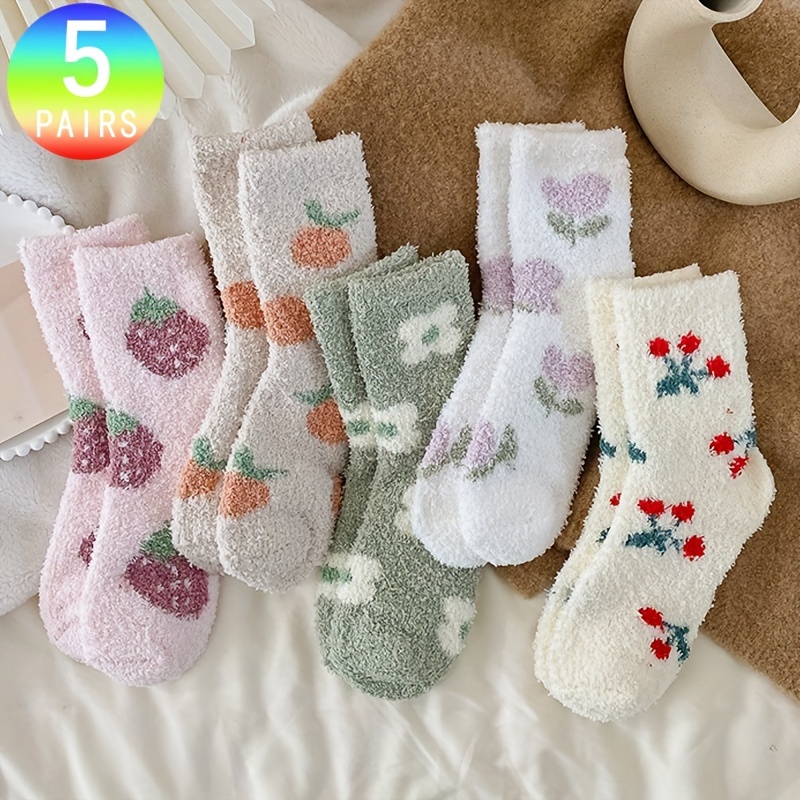 

5 Pairs Cherry & Floral Socks, Sweet & Cute Fuzzy Coral Fleece Sleeping Floor Socks For Fall & Winter, Women's Stockings & Hosiery