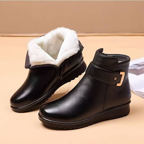 womens fashionable warm black ankle boots with white plush lining cover wear resistant flat heel mom shoes calf design suitable for autumn and winter warm womens shoes to wear with tops suitable for moms soft