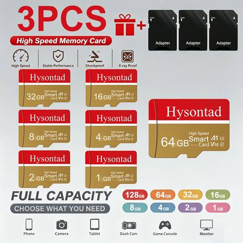 imagem do item kit com 3 cartões de memória tf premium 128gb/ 64gb/ 32gb/ 16gb/ 8gb/ 4gb/ 2gb/ 1gb com adaptador, classificação a1 classe 10 de desempenho para dispositivos , computadores, câmeras e sistemas de automotivo