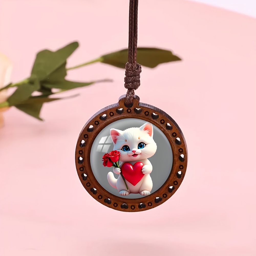 Cute Kitten Heart Rose Wooden Necklace, Adorable Accessory
