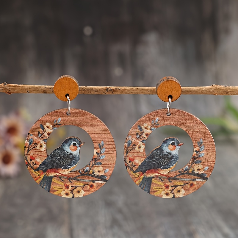 A Pair Of Vintage Bohemian-style Cute Round Hollowed-out Bird And Flower Wooden Creative Ear Studs