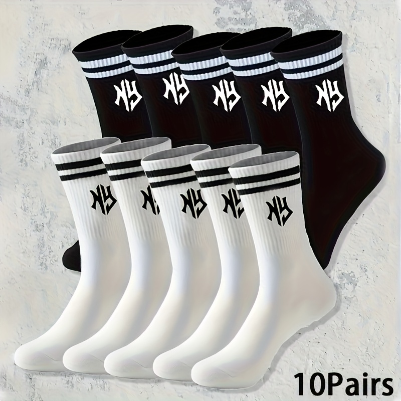 E-shop 2/10 Paar Wadenhohe Socken - Herrensocken in Schwarz Weiß mit Doppelstreifen Schriftzug, Alltags-Sportsocken für Männer