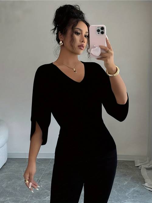 womens designer v neck three quarter sleeve t shirt new autumn loose fit high waist length versatile batwing sleeve top