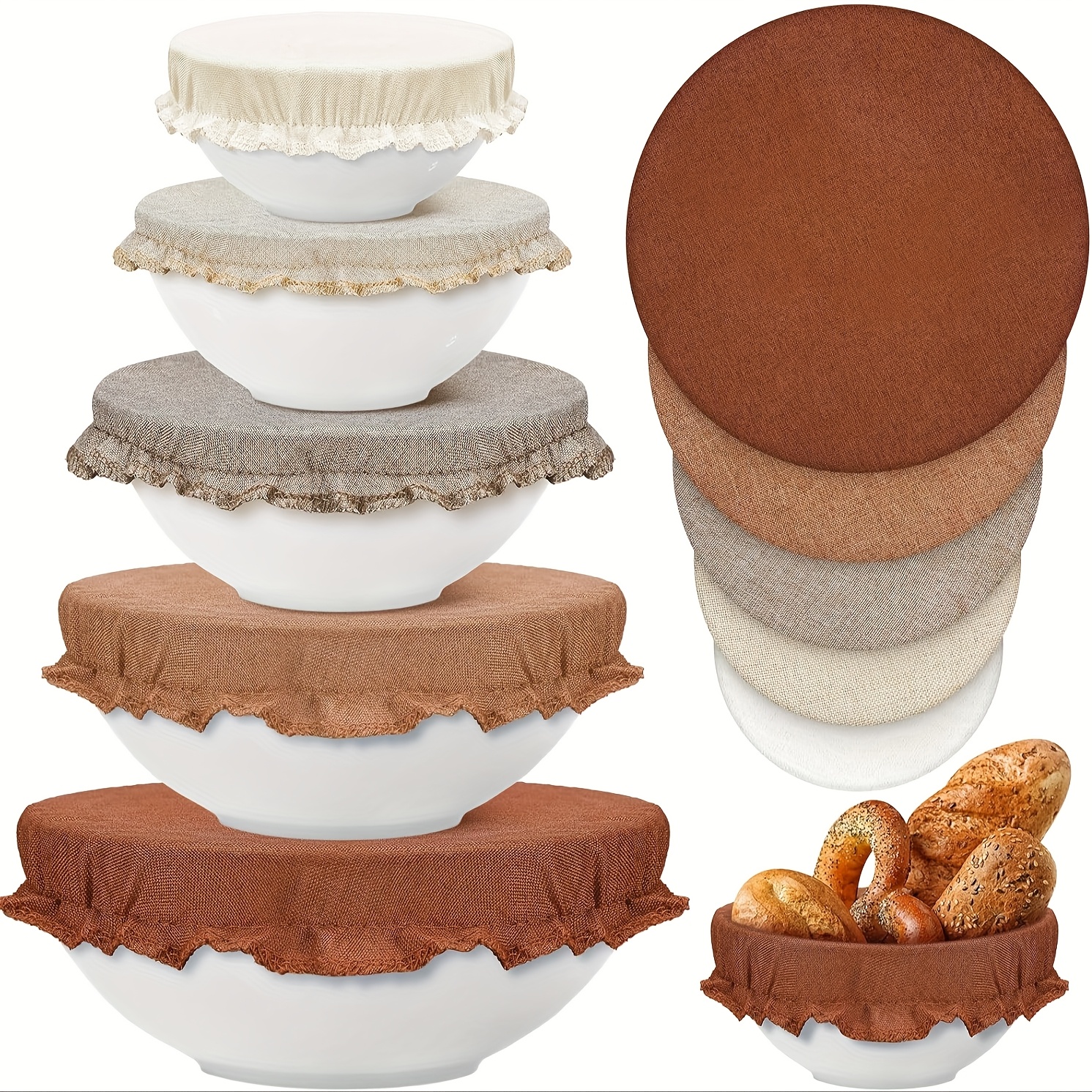 Image of Reusable Cloth Bowl Covers - 5 Pack, Stretch Fabric Bowl Covers Set To Cover Fruits, Vegetables - Elastic Bowl Covers For Salads, Bread And Leftovers