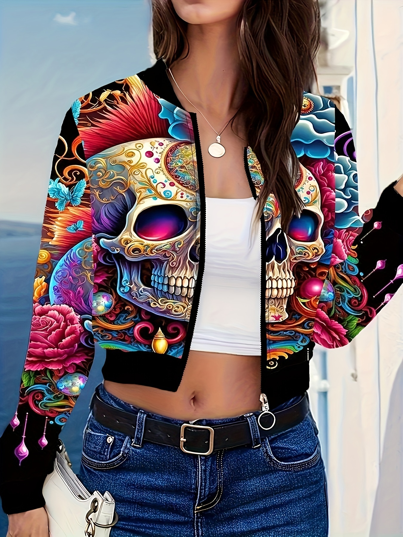 skull print zip up   jacket casual long sleeve baseball collar jacket for   womens clothing black 0