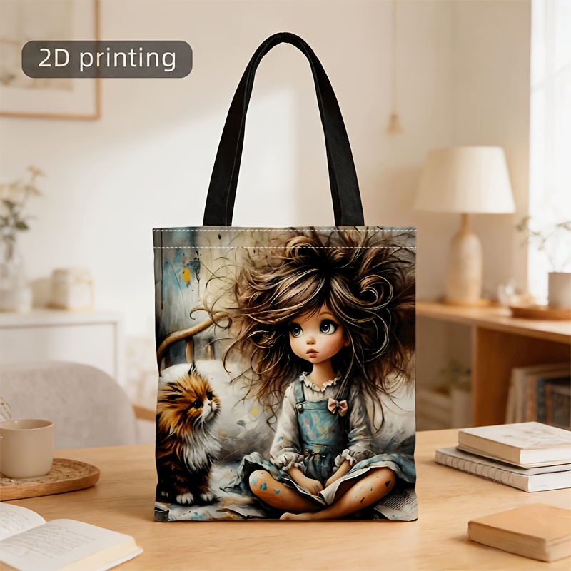 TEMU Bolso tote unisex bandolera para , bolso de con estampado de pintura al óleo de gato y pelo despeinado, bolso con correa de lavable a máquina