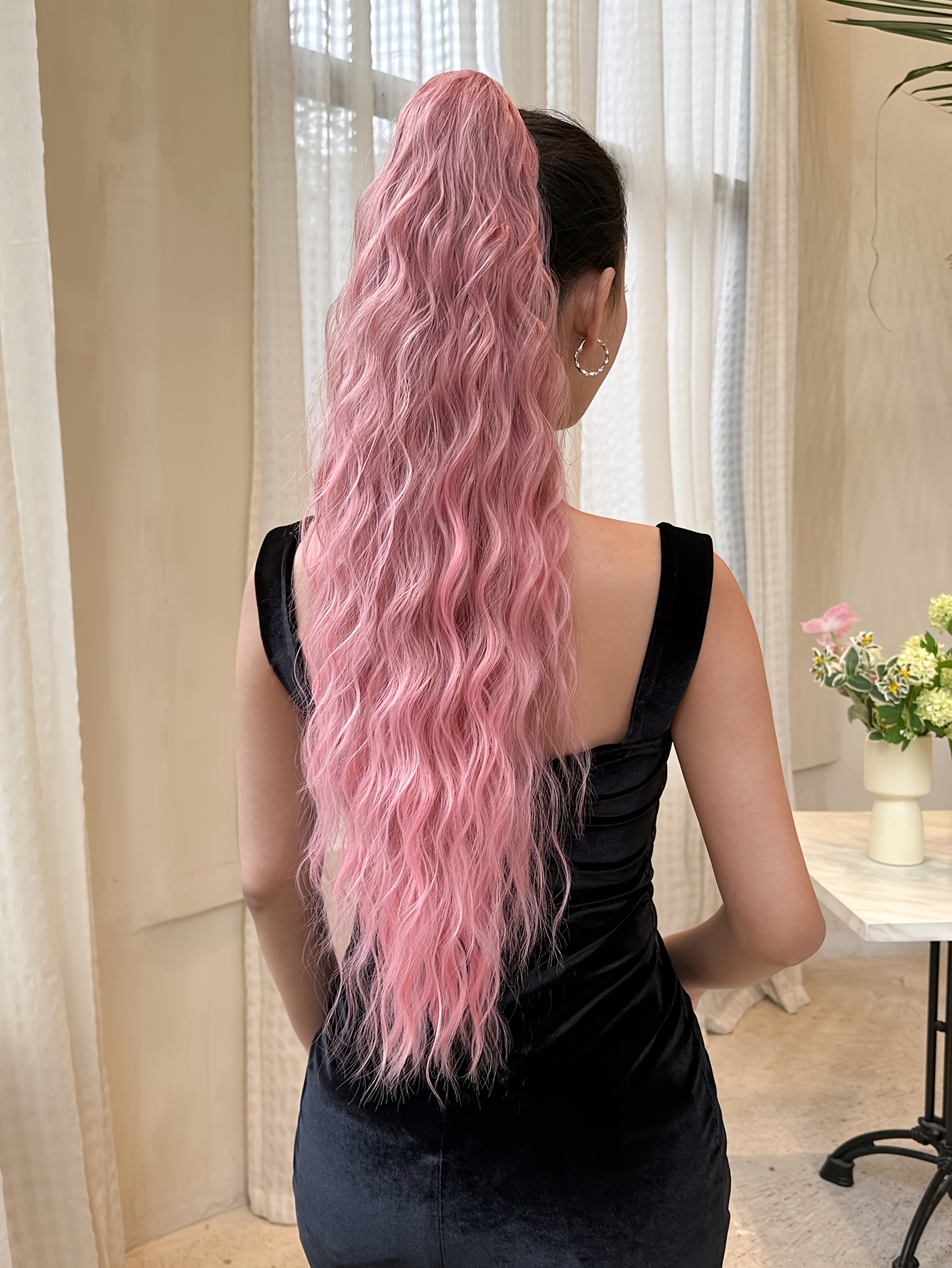 claw shaped ponytail extension pink 28 inch water wave heat resistant fiber synthetic ponytail wig suitable for short hair accessories for womens daily use details 0