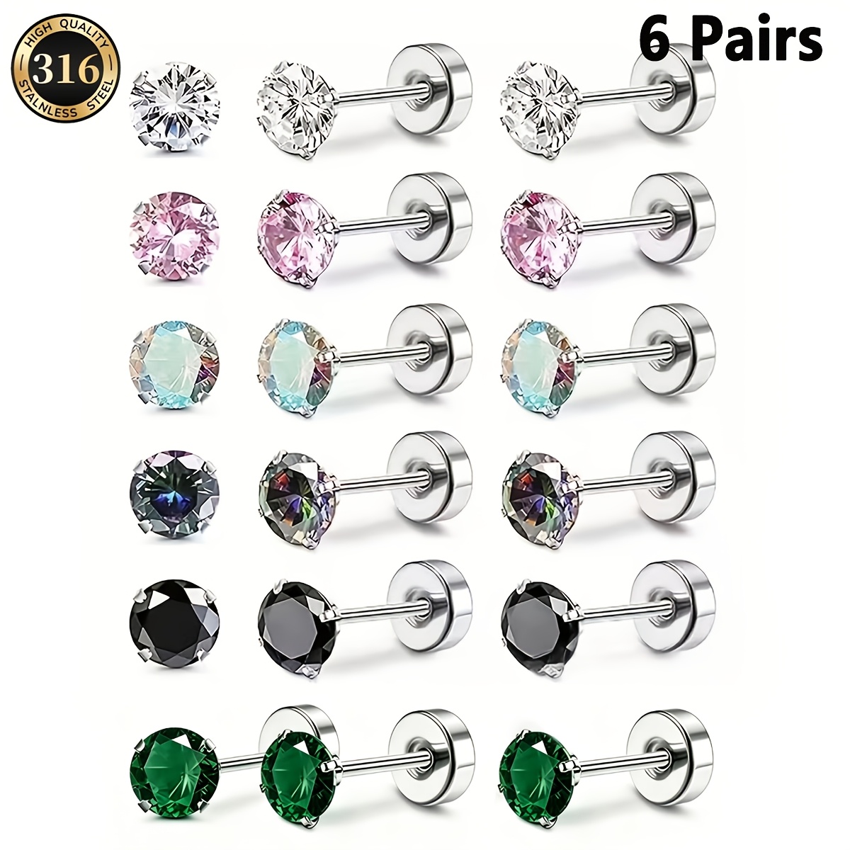 TEMU 6 Pairs 316 Steel Colored Synthetic Zirconia Stud Earrings Set, Screw Flat Bottom Anti-fall Design, Flash Optional, Fashionable Versatile Ear