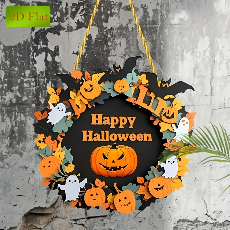 TEMU di Halloween 2D Piatta, Sovradimensionata in Legno 2D Piatta - Decorazione Autunnale per Porta e con Scritta "Happy Halloween", Zucche, Fantasmi