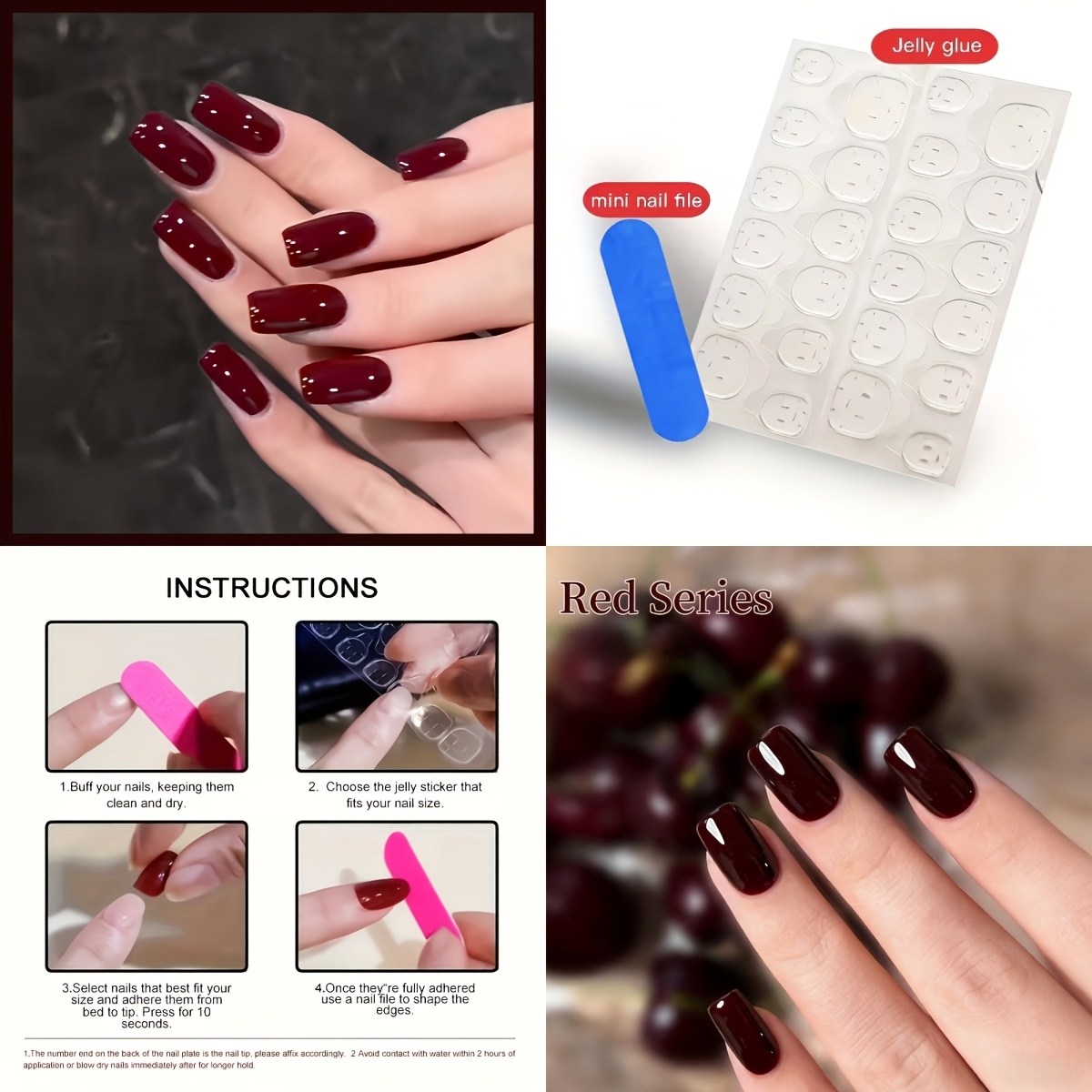 TEMU 48pcs Faux Ongles Rectangulaires Moyens Solide Artificiels - Ensemble , Automne Hiver Foncé Solide & Rouge Vin Rétro Pur Nail Art, Amovibles et
