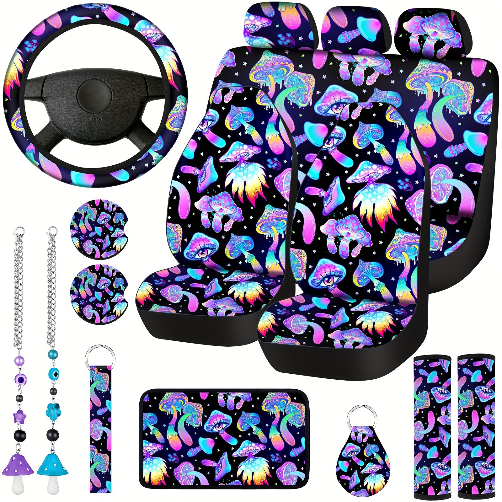 TEMU 17 Pcs Mushroom Car Seat Covers Mushroom Car Accessories Full Set For Women Men Automotive Rear Front Seat Protector View Mirror Hanging Ornament Steering Wheel Belt (colorful Mushroom)