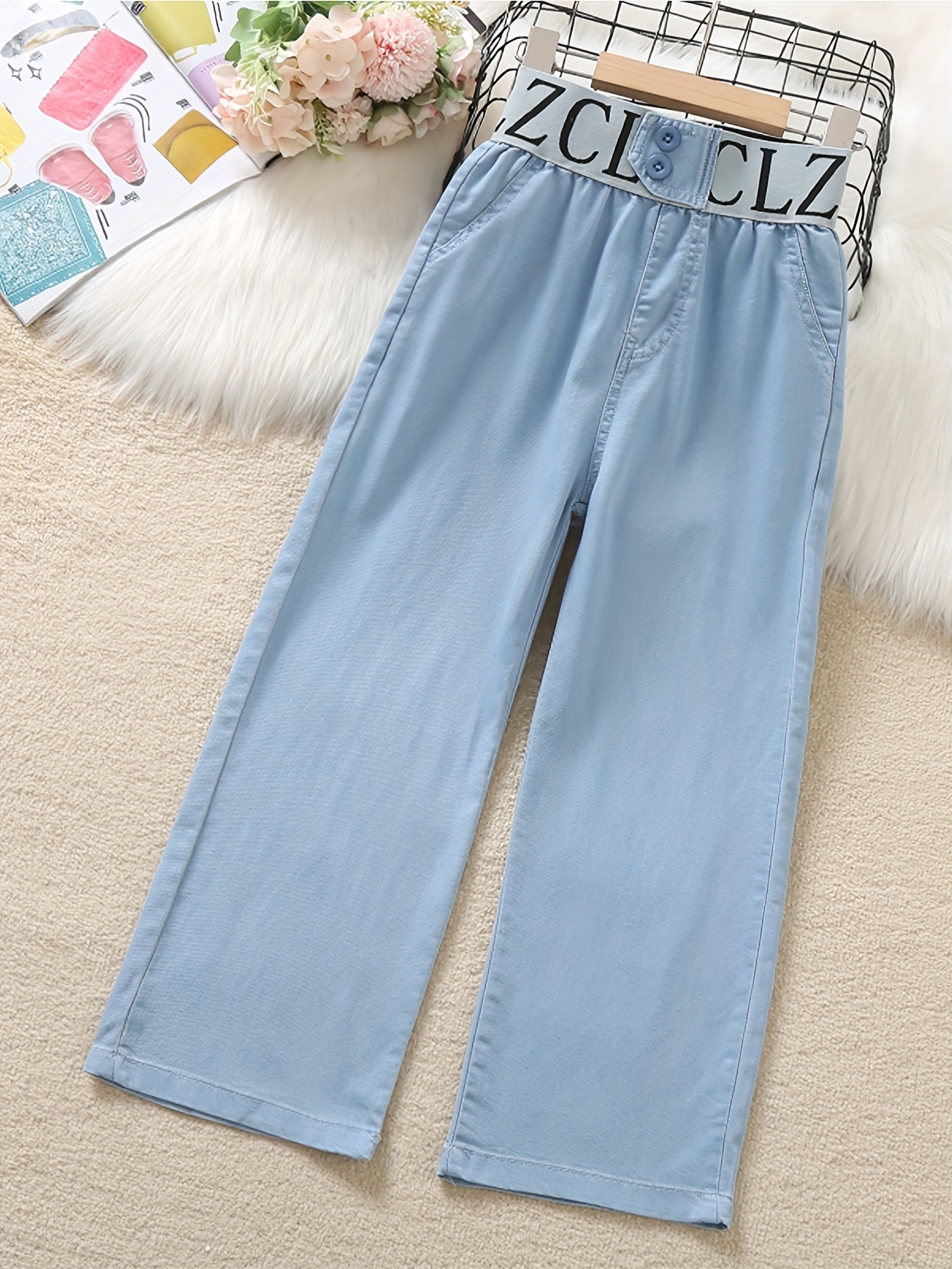 Kids Ripped Jeans Baggy Fit Wide Leg Denim Pants For Girls Boys