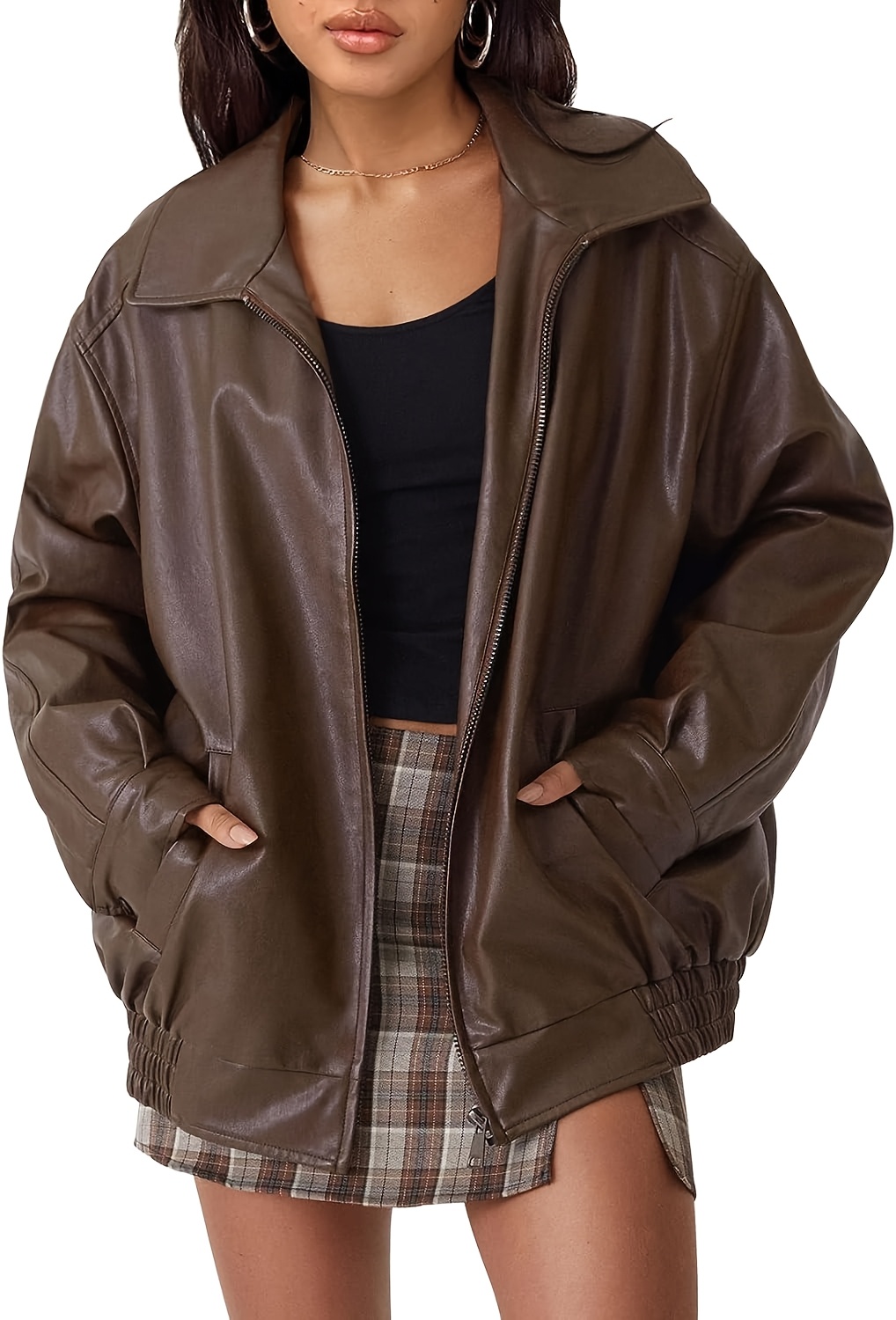 Brown Cute Leather Jacket Womens Women's Pu Jacket Brown Zip Coat
