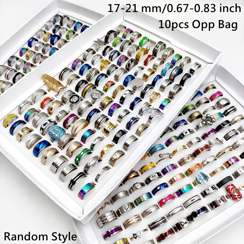 TEMU Wholesale 10pcs/ Pack Men's Jewelry Set Fashion Retro Men's And Women's Ring Silvery And Golden Stainless Steel Material Size 17mm-21mm Mixed