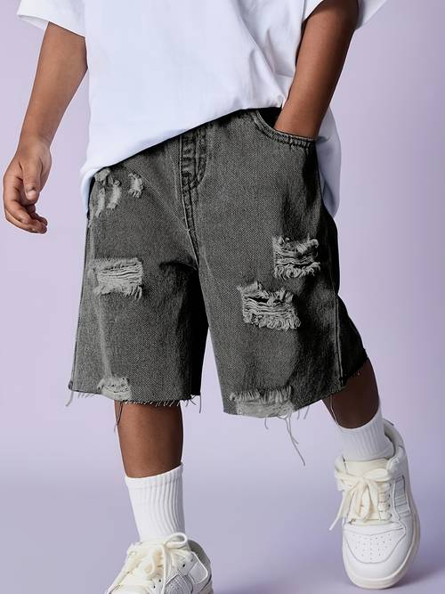 boys denim shorts and summer style with ripped design for boys over old washed soft denim trendy childrens clothing versatile denim shorts suitable for outdoor play campus casual wear and holiday