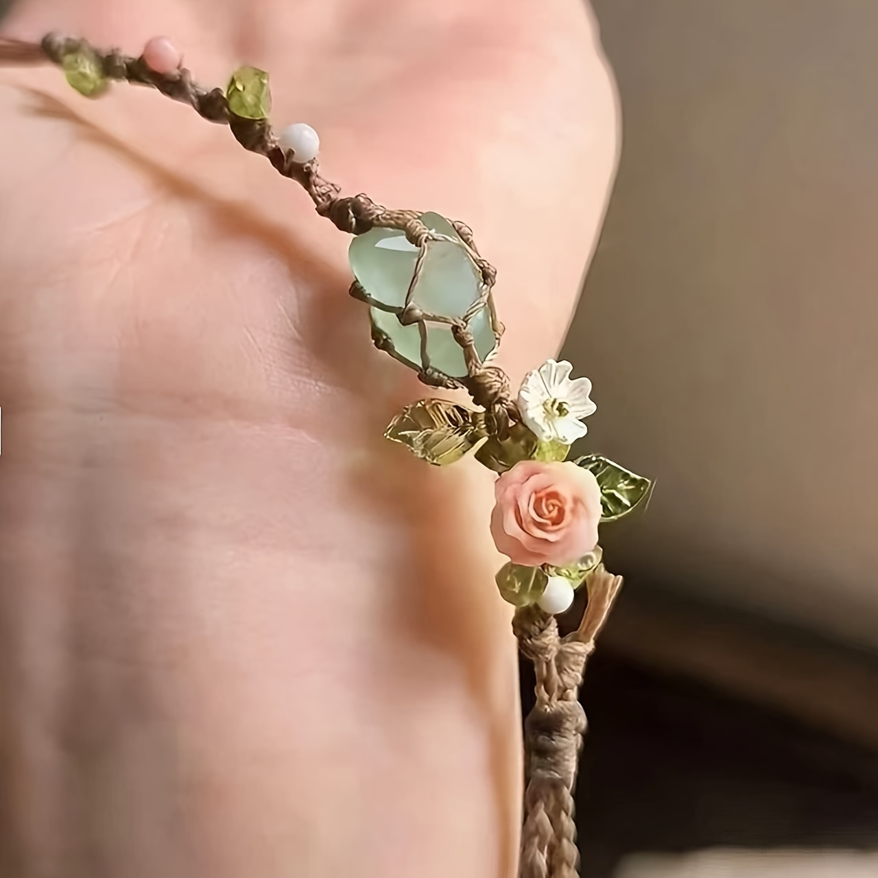 Vintage Pink Flower Crystal Macrame Bracelet
