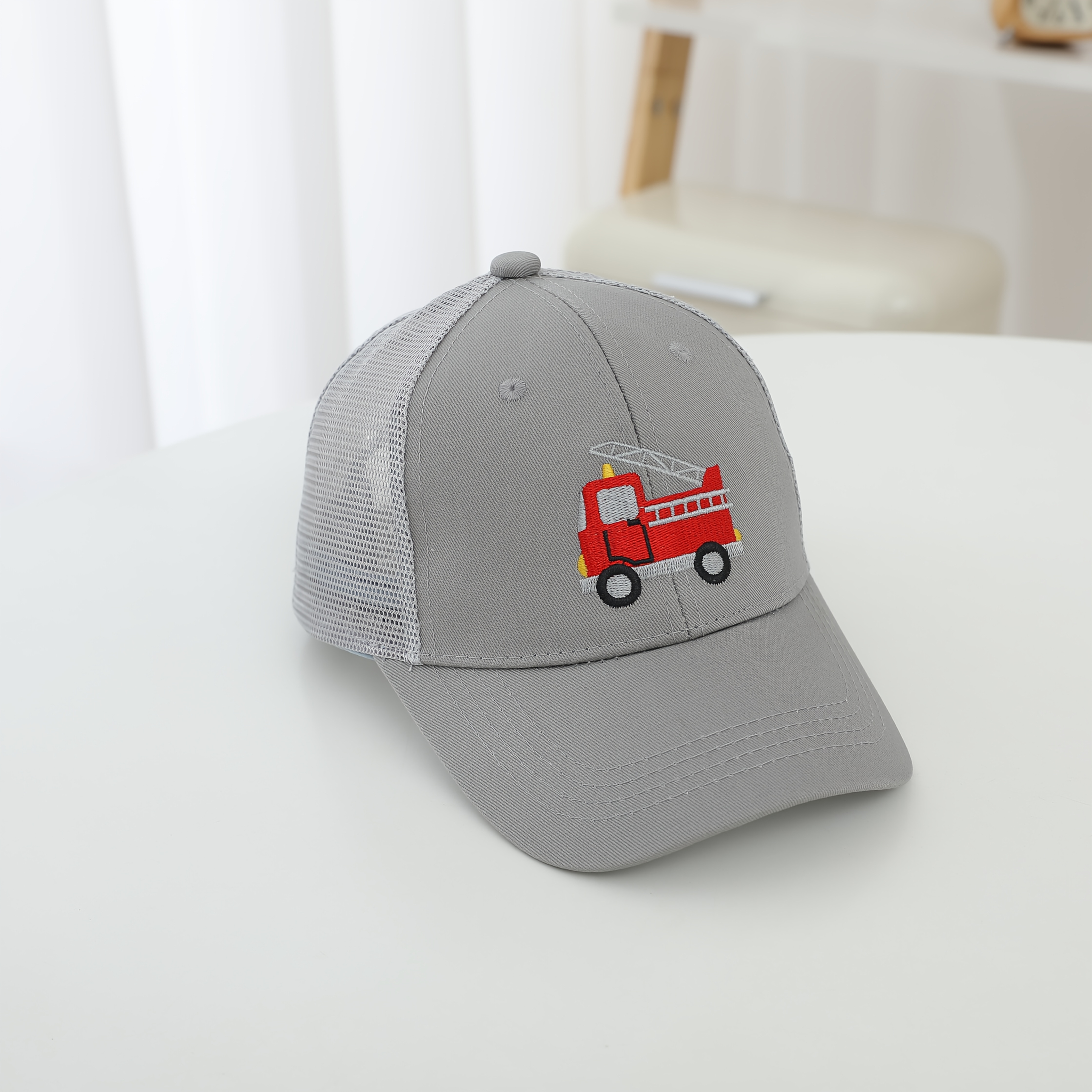 Image of Spring/autumn Boys' Baseball Cap Cartoon Fire Truck Embroidery Breathable Mesh Teen Casual Sports Cap