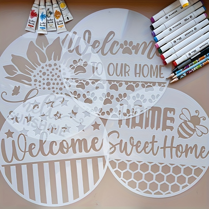 TEMU A Set Of 4 Large Round Stencils For , Ideal For Wood Painting, Showcasing Greetings With Sunflowers, Patriotic Flowers, And Bees, Perfect For