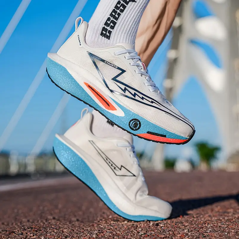 sapatos desportivos casuais   e respiráveis para homem - forro   confortável, suporte estável e sola durável antiderrapante, design geométrico elegante, ténis de   baixo para   as   para caminhadas, ginásio, corrida e uso diário -   brancos e laranja,   de atacadores, calçado de caminhada, look desportivo elegante, sola eva acolchoada detalhes 3