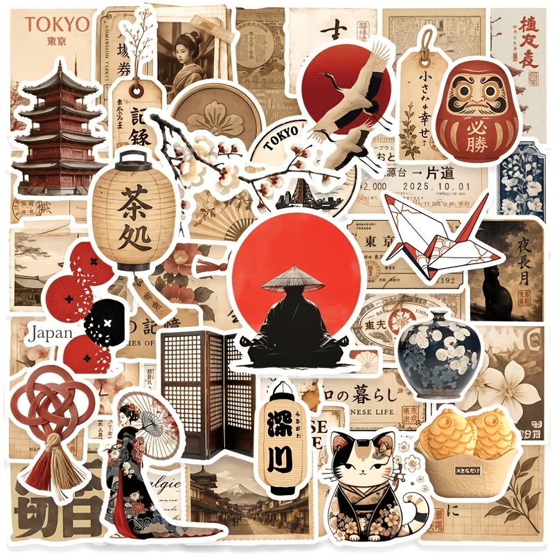 TEMU [50 Sheets] Vintage Japanese Journal Sticker Set | -e Style Cherry //paper Crane/tea Room/ | Self-adhesive Cycling Stickers And Decals, Mug