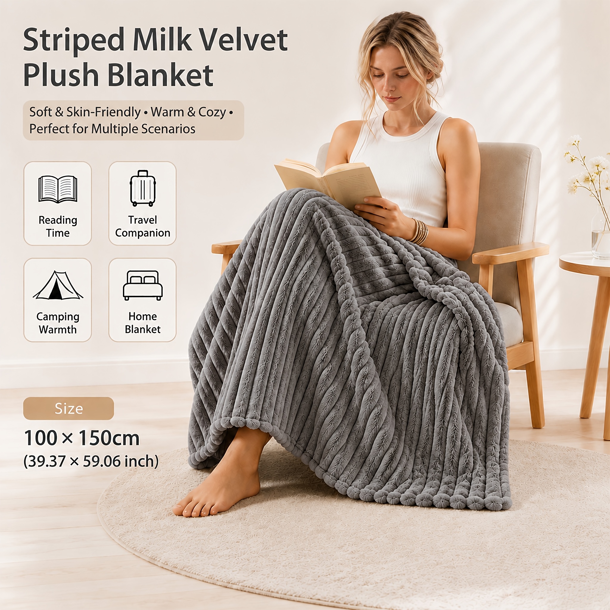 TEMU Soft Faux Rabbit Fur Blanket, Skin-friendly, . Stylish Striped Design Fits Sofas, Travel, Camping, Or Office Use. Machine Washable For , Ideal
