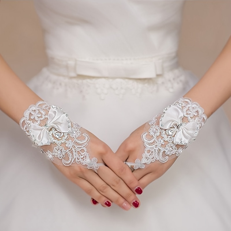 Korean-style Bridal Fingerless Short Lace Boned Bow Rhinestone Wedding Glove Sleeves