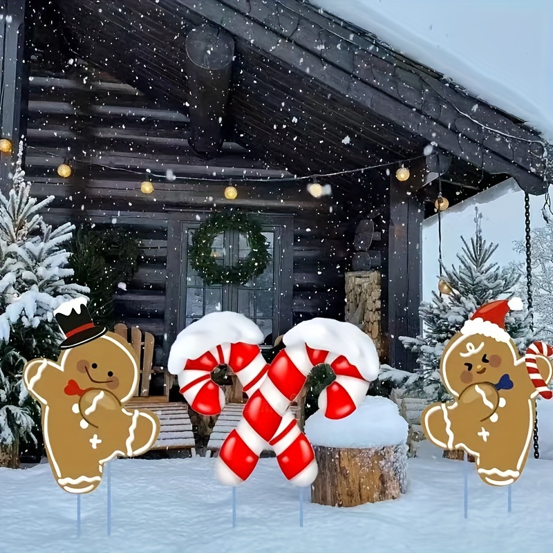 

3pcs Christmas Decoration Outdoor Yard 2 Gingerbread Men And 1 Candy Cane Lawn Sign Gingerbread Christmas Snowman Yard Sign With 6 Yard Stakes For Outdoor Christmas Decoration, No Power Required