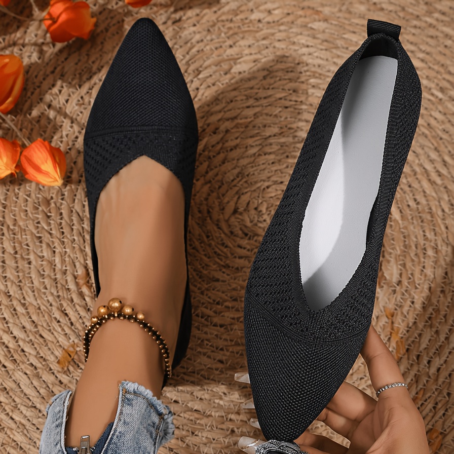 TEMU Women's Pointed, Flat-bottomed, Shallow-mouthed Single Shoe, Knitted Mesh Material, Breathable Weaving Design, -resistant Sole, New For Spring