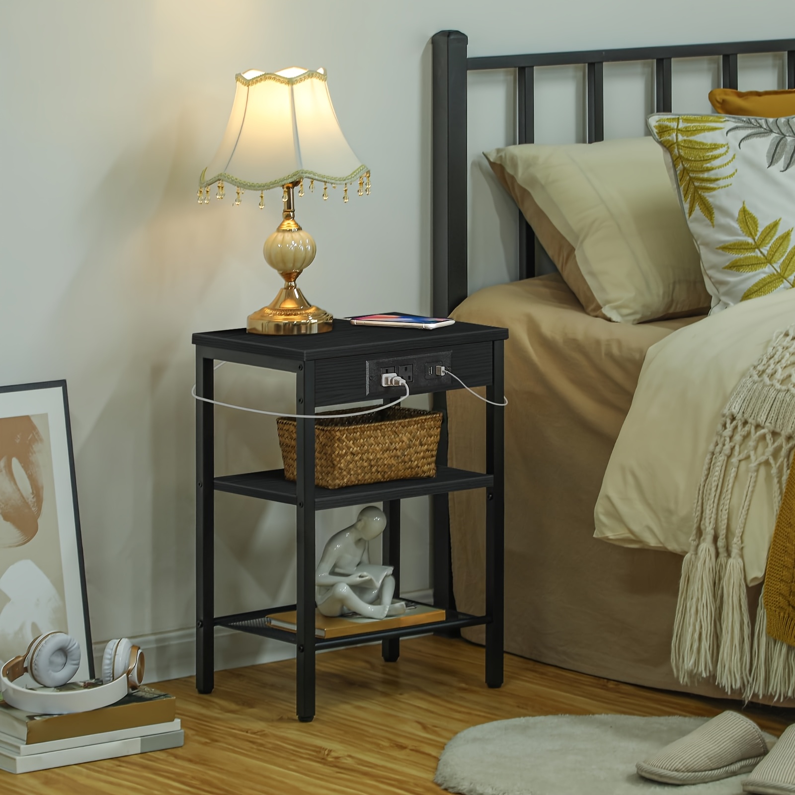 Brown Side Table with Charging Station and Adjustable Shelf
