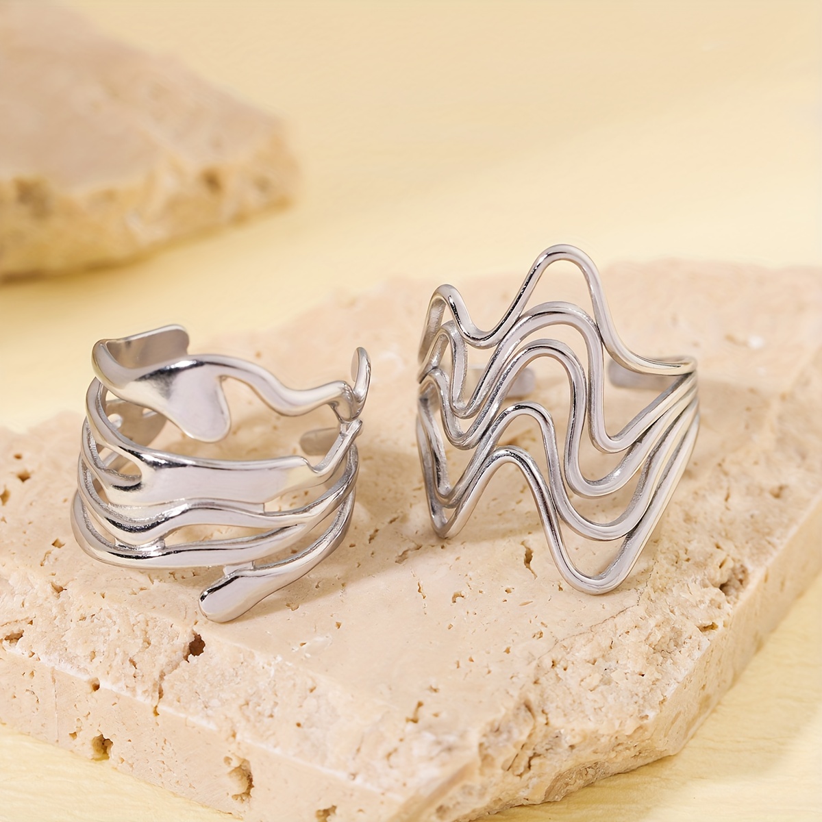 Hot Ladies Fashion Stacked Ring 2pcs Set Simple Irregular Lava Smooth Set Small Hollow Sense Suitable For Daily Men And Women Gifts