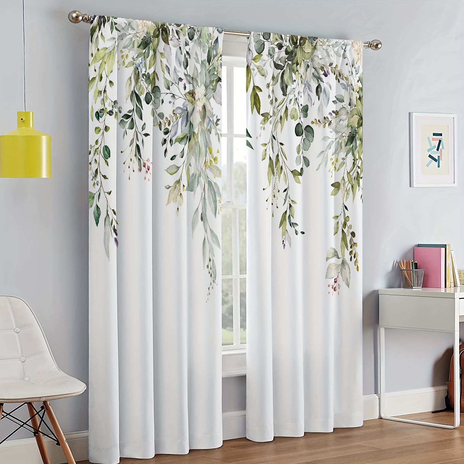 TEMU 2pcs Watercolor Curtains - Rod For Easy Hanging, Bedroom, Office, Kitchen, And Study Decor