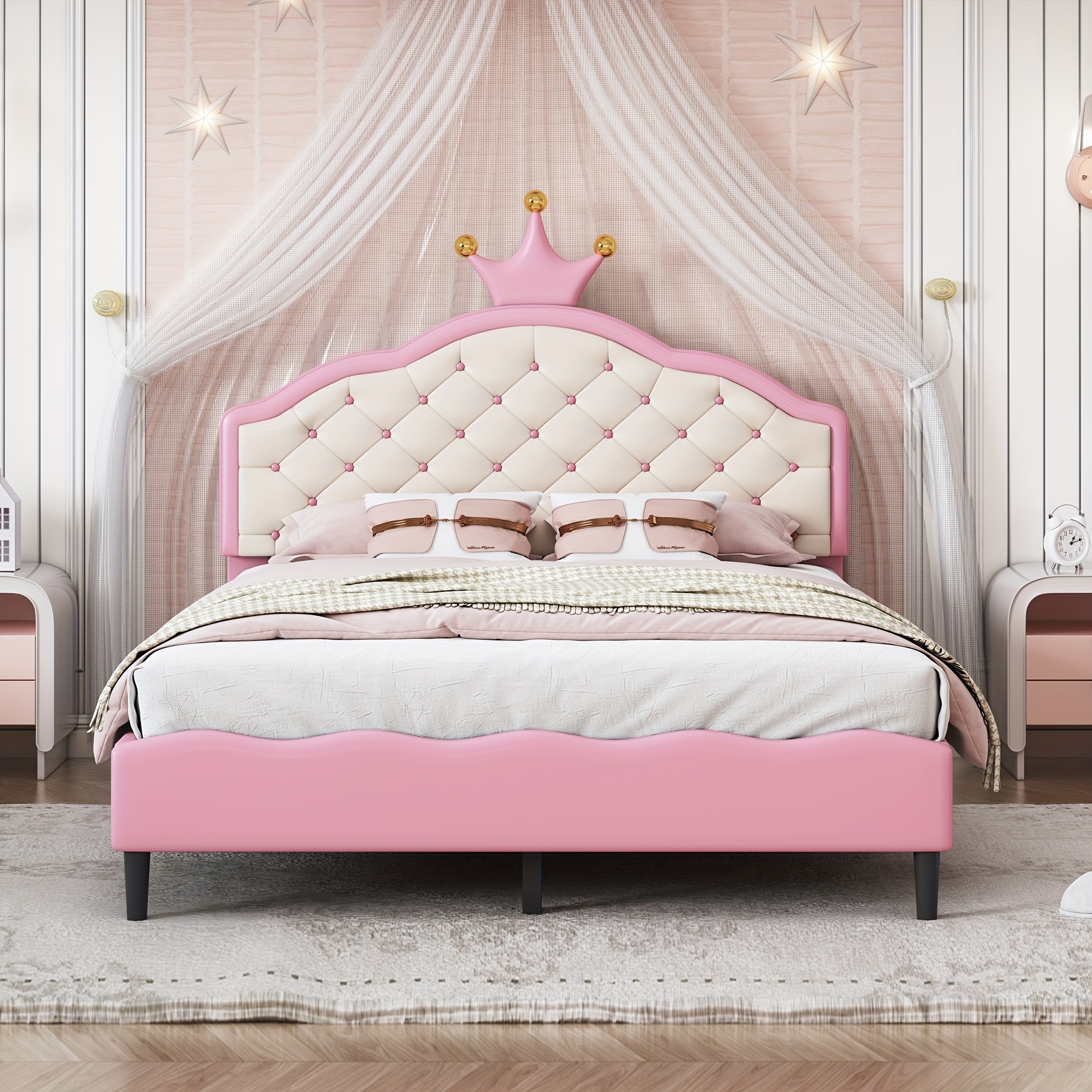 

Full Size Or Twin Size Lovely Crown Pu Leather Princess Bed With Tufted Headboard, Pink+cream