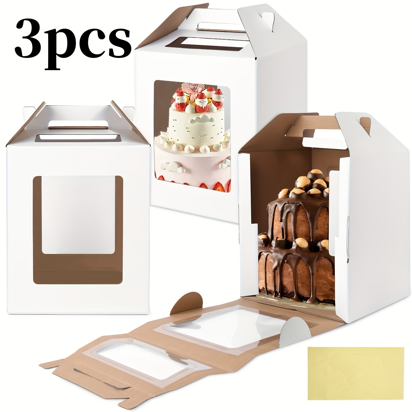 

3pcs Tall Cake Boxes, 12 X 12 X 14 Inch Tall Cake Carrier With Window Handle Tiered Cake Containers For Wedding Birthday Party Holiday Celebration, Christmas Gift Box