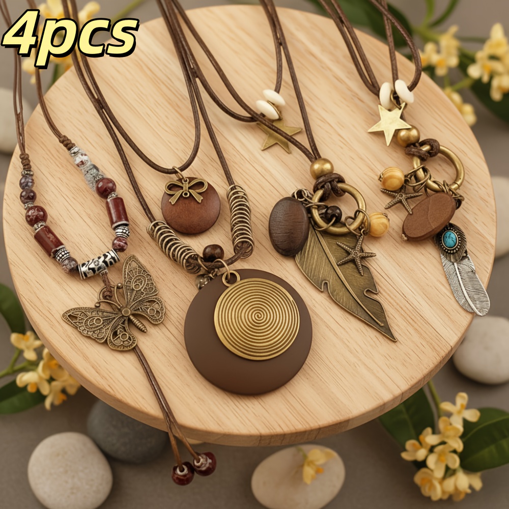 Boho Leather Choker Necklace For Women - Adjustable Brown Cord, Round Pendant, Vintage Style - View #9
