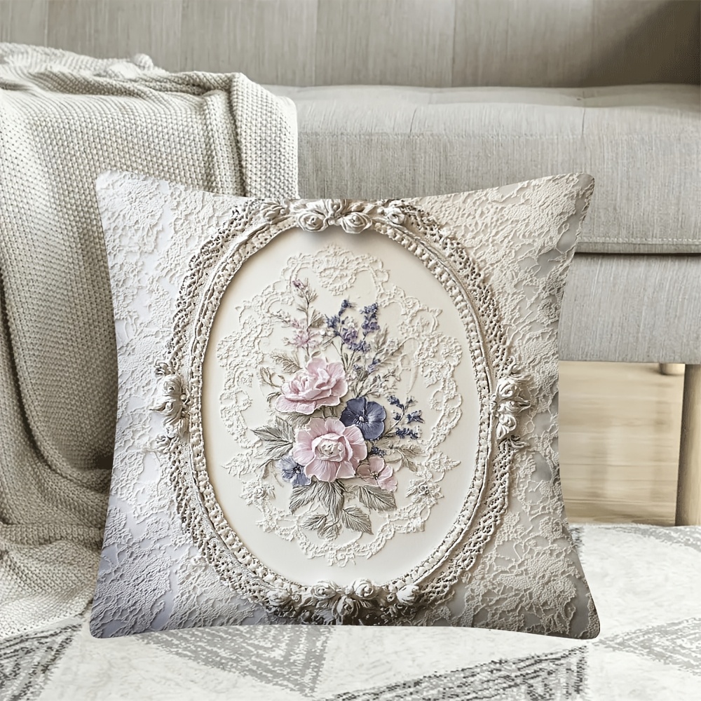 

1pc Vintage Victorian Floral Short Plush Pillow Cover For Living Room, Bedroom, And Office Decor With Silvery Embroidery And , Purple, And Blue Flowers On 18×18inch/45×45cm