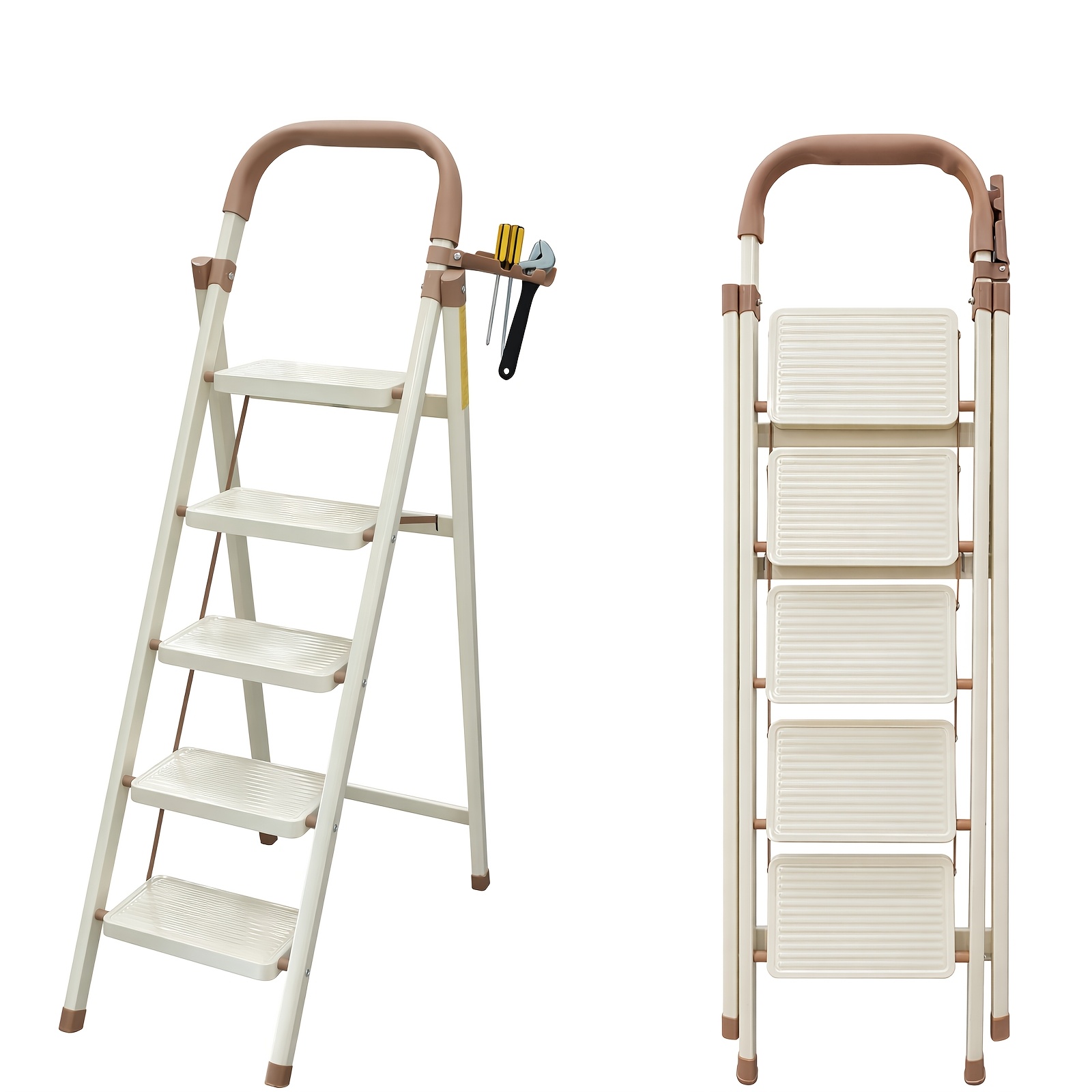 TEMU 330lbs Load-bearing Folding Ladder | Heavy-duty Metal Step Stool With Anti-slip Wide Treads, Handrails, Safety Lock Design, Red/white Optional,