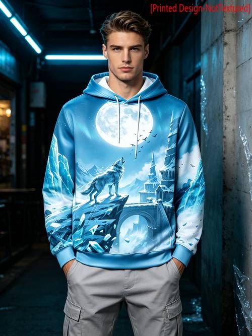 mens 1pc long sleeve lightweight hoodie for spring and autumn sky blue pullover loose fit hooded sweatshirt full print of ancient castle and scenery kangaroo pocket casual top