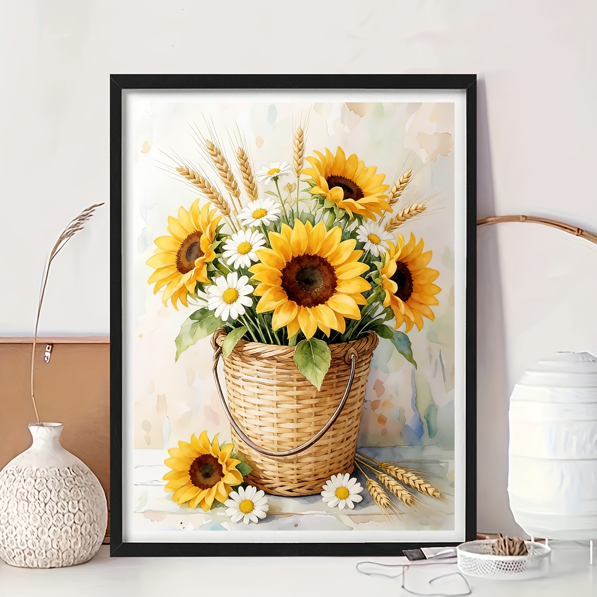 TEMU Printed Cross- Kits - Flower Basket With Sunflower Pattern, 11ct Medium-sized Triple , Handmade Embroidery Line Art Sewing Materials, Beginner