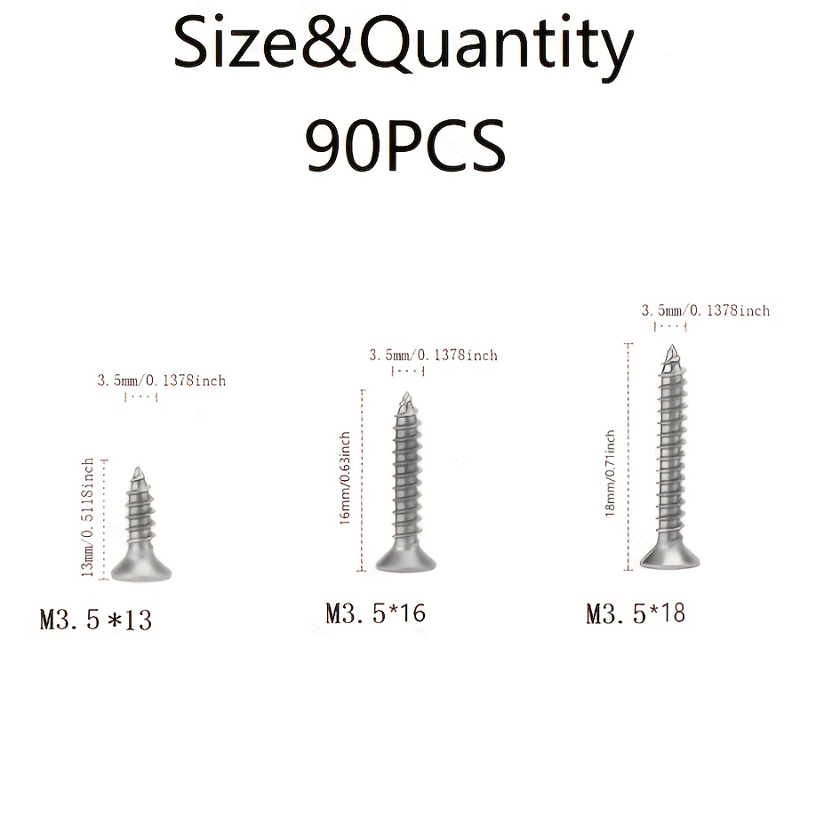 90pcs Of 304 Stainless Steel M3.5 Self-tapping Screw Set, Phillips Flat Countersunk Wood Screws, 13, 16, 18mm Household Hardware Fasteners
