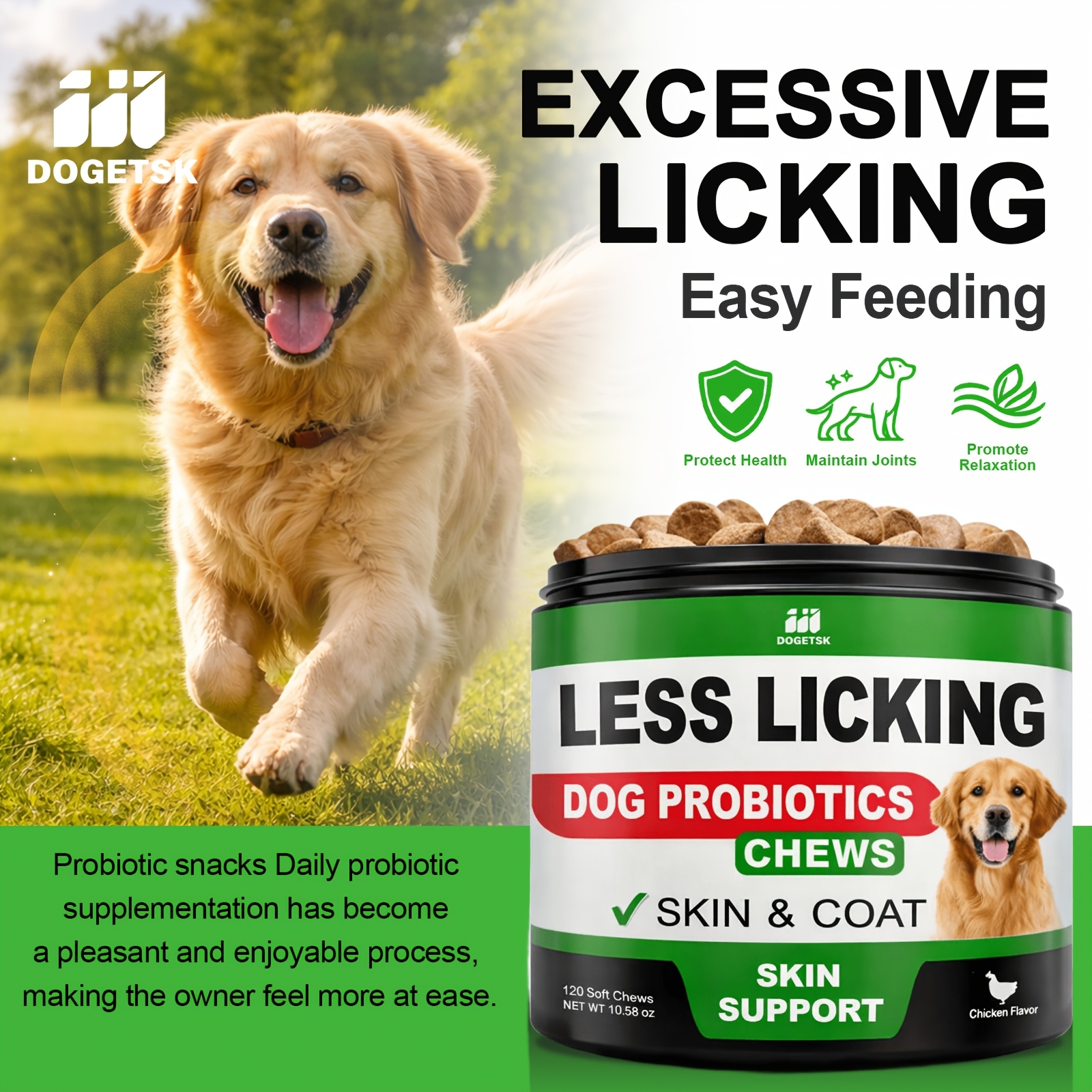 Dog probiotic soft-chew container pictured with a Golden Retriever