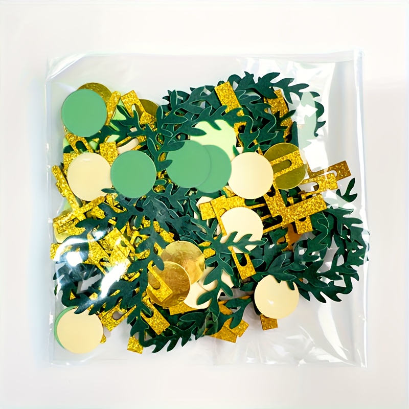150pcs Glittery Green Leaf & Golden Cross Confetti Decoration, Multipurpose Party Supplies, For Elegant Wedding, Birthday, Baptisms, First Holy Communion, Table For Holiday Table Decor