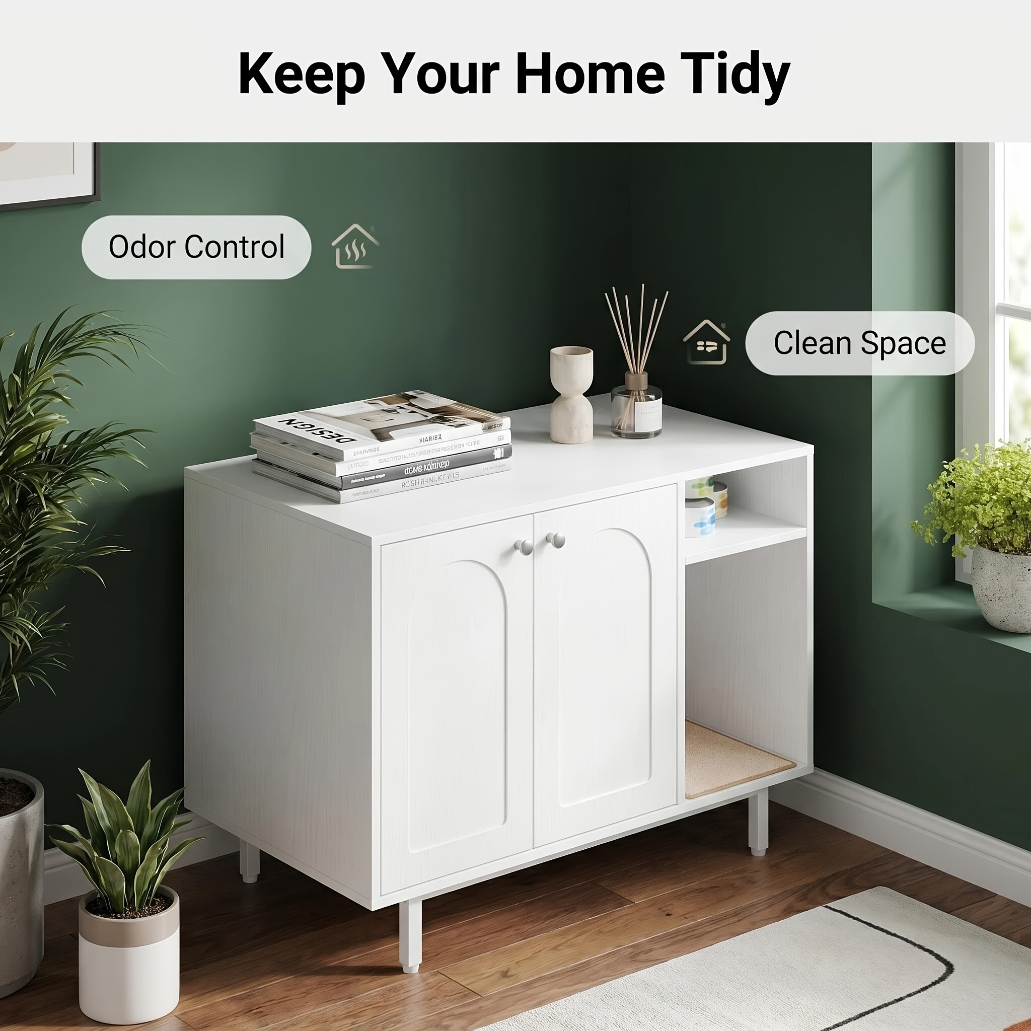 Image of Luxury Tall Concealed Cat Litter Box With Scratching Post, , Wooden Cat Litter Cabinet, Versatile White Table For Living Room And Bedroom.