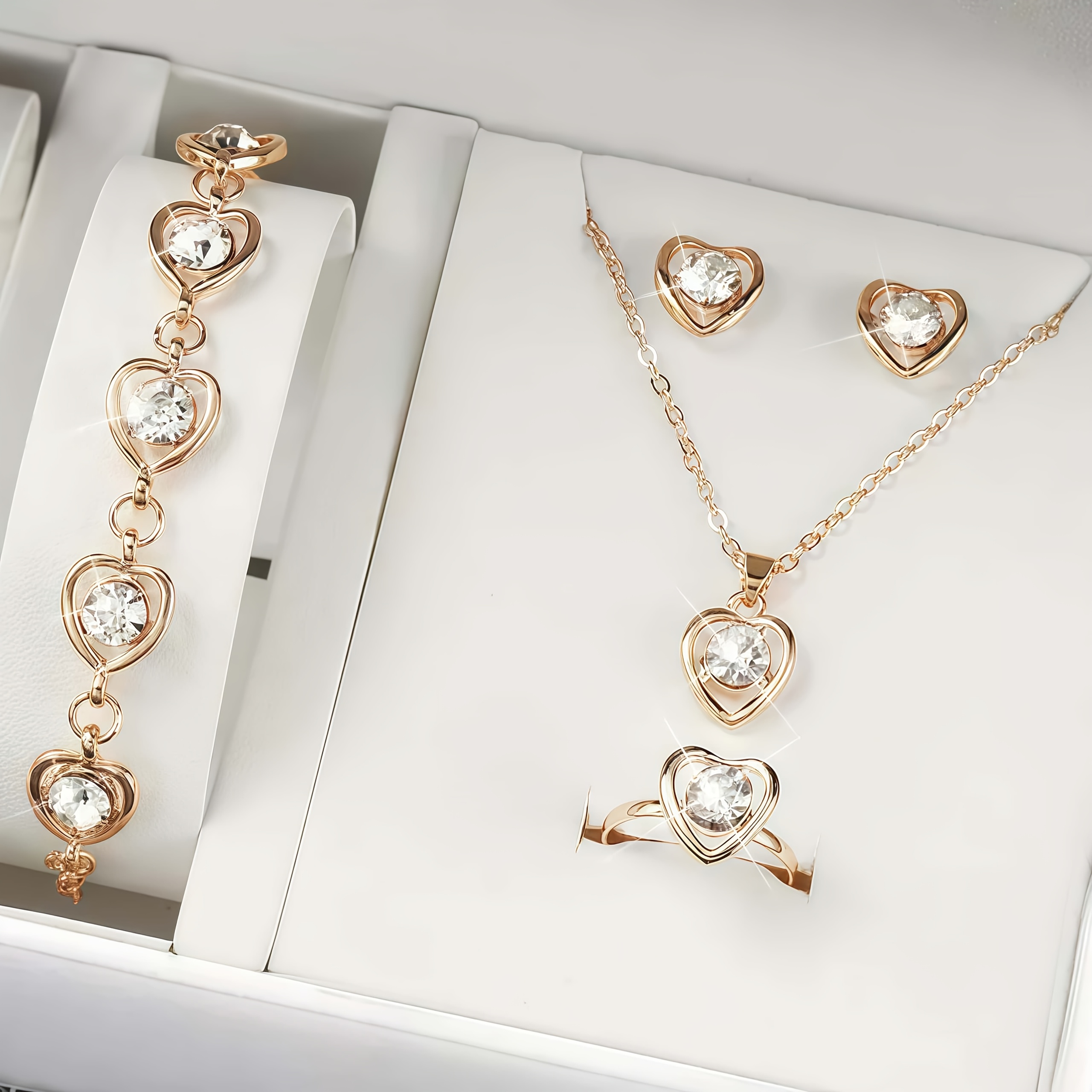 TEMU 4pcs Women's Jewelry Set, Including Pendant Necklace, Stud Earrings, Chain Bracelet, And Adjustable Ring—elegant Everyday Date Accessory Combo,