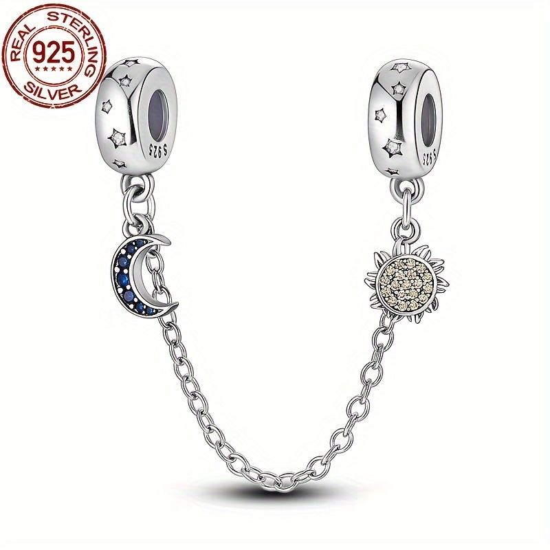 

S925 Sterling Silver Moon Star Safety Chain Charms For Original 3mm Bracelets And Bangles Diy Beads For Ladies Birthday Fine Jewelry Gifts